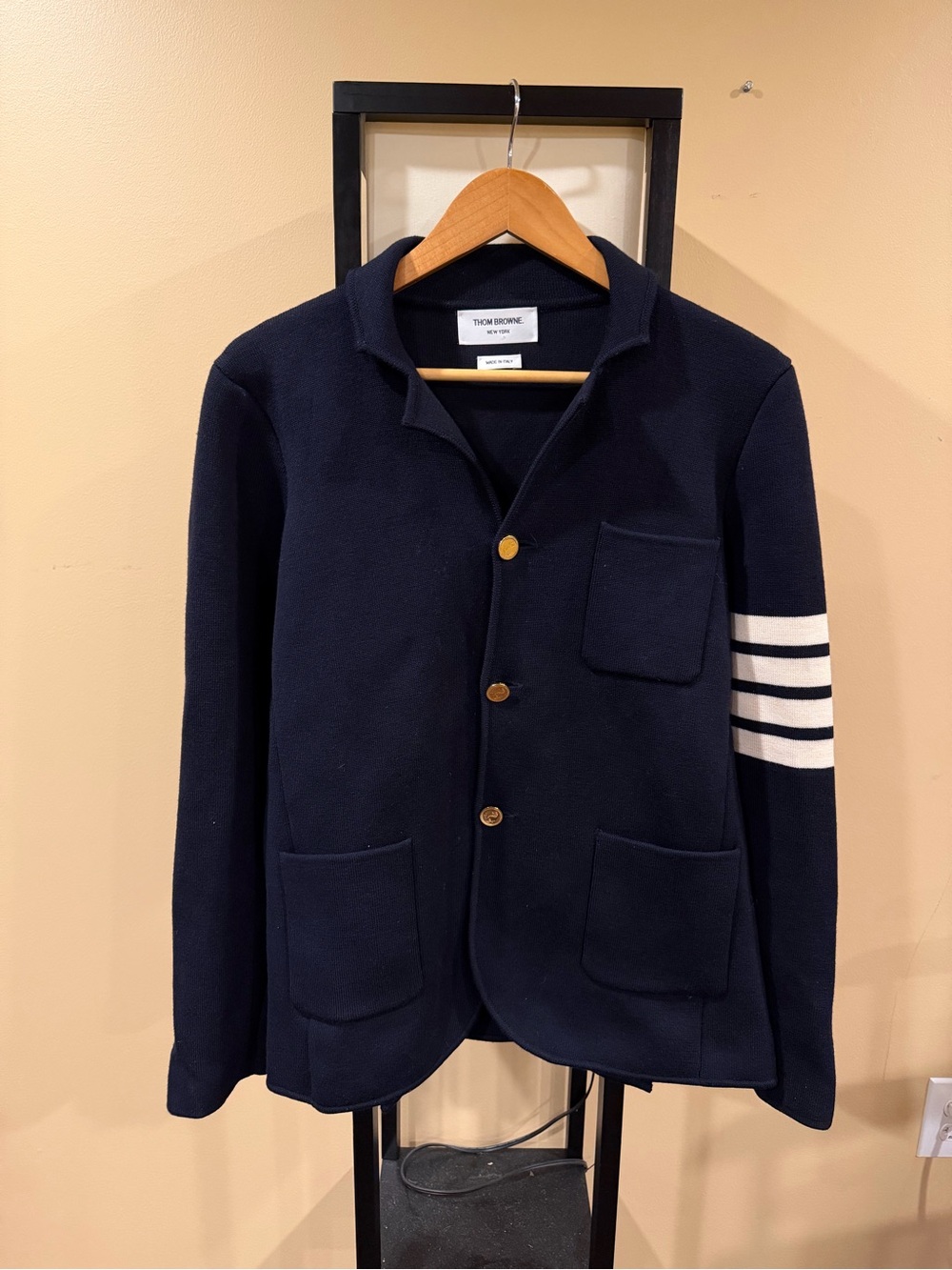 Thom Browne Navy Blue Chore Button Up 4-Bar Striped Sweater Blazer